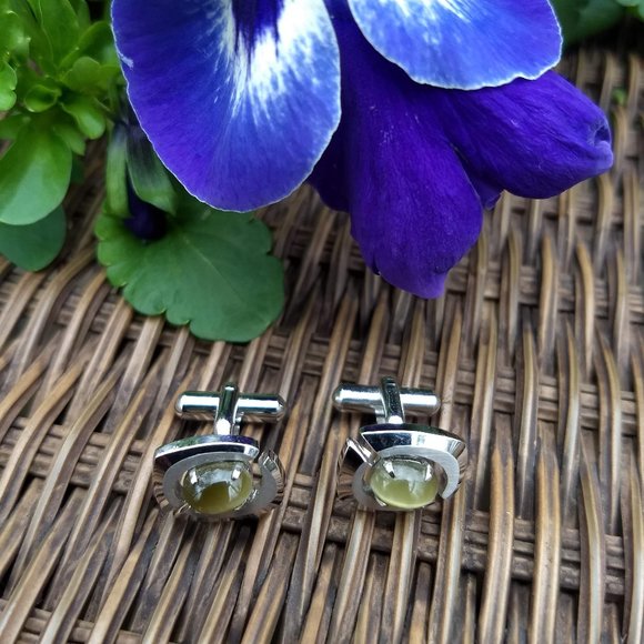 Vintage 80s silver art deco cuff links green oval stone - Picture 3 of 3